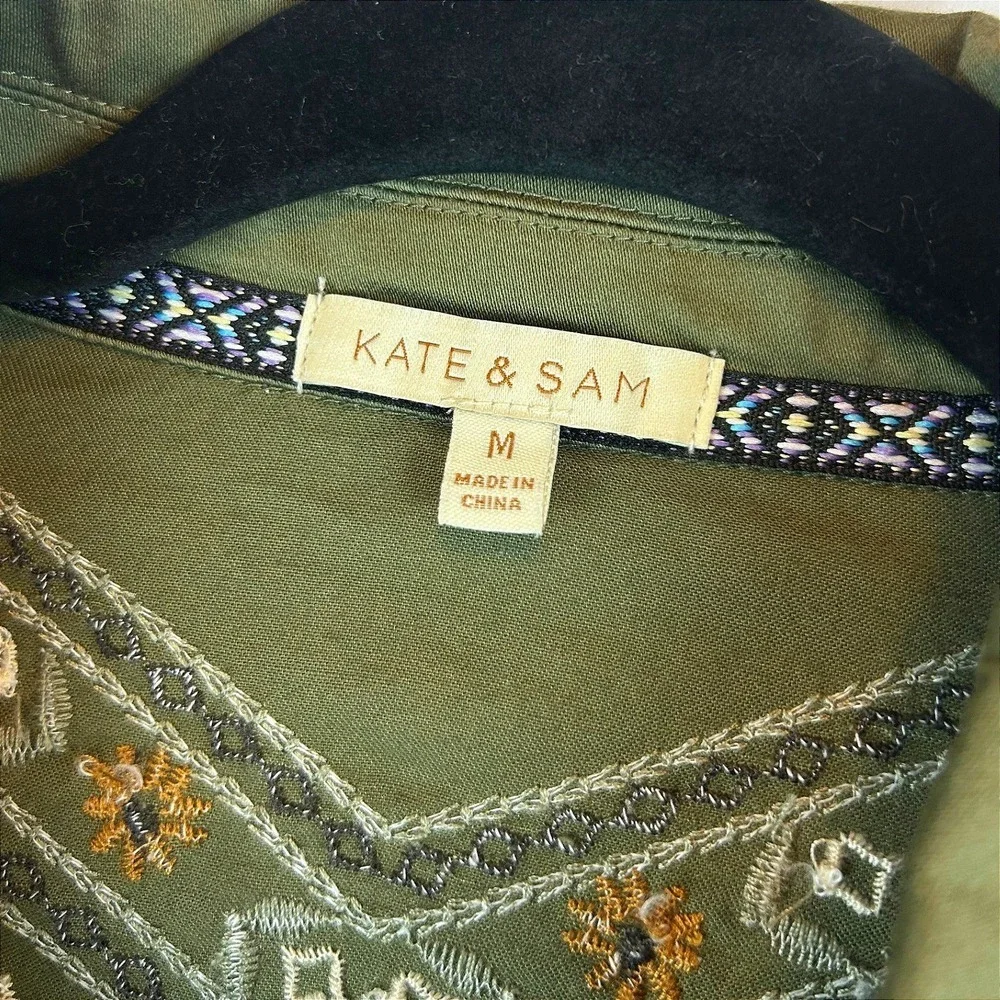 Kate‎ & Sam Olive Green Embroidered Peplum Utility Jacket Women Boho Lace Medium